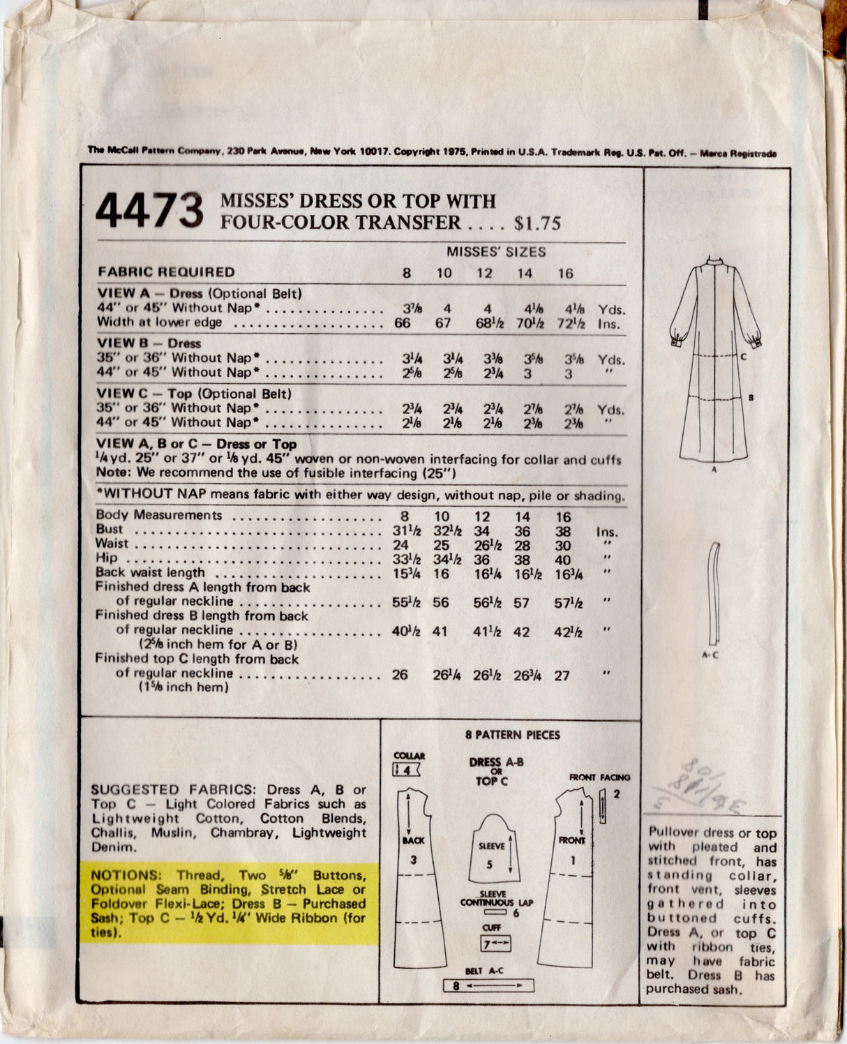 1970's McCall's Deep V Top, Mini or Maxi Dress Pattern with Four Color Transfer - Bust 38" - No. 4473