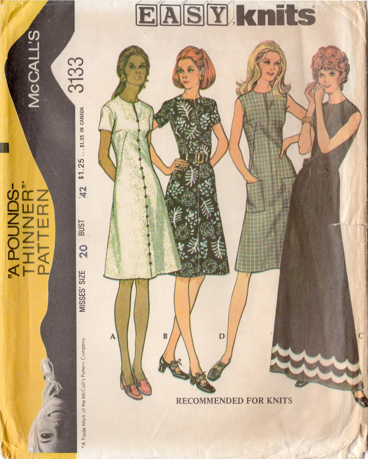 1970's McCall's A-Line Dress Pattern - Bust 42" - No. 3133