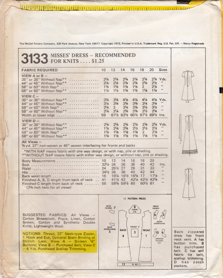 1970's McCall's A-Line Dress Pattern - Bust 42" - No. 3133