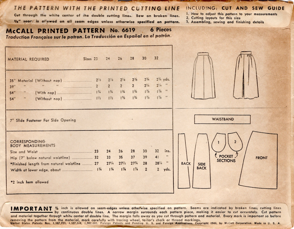 1940's McCall Straight Skirt Pattern - Waist 24" - No. 6610