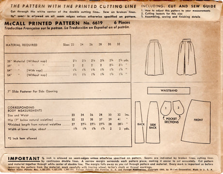 1940's McCall Straight Skirt Pattern - Waist 24" - No. 6610
