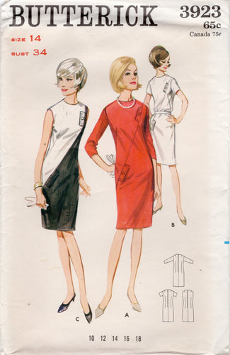 1960's Butterick Shift Dress with Diagonal Front Panel Pattern - Bust 34