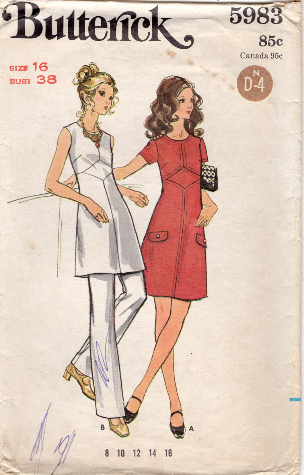 1970's Butterick One Piece Dress Pattern with Fitted Waist - Bust 38