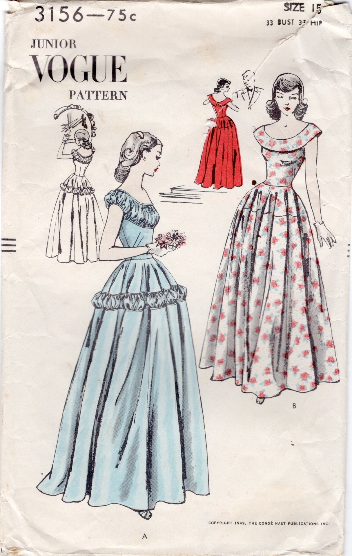 1940's Vogue Junior Evening Gown Pattern with Gathered Bodice or Large Collar - Bust 33" - No. 3156