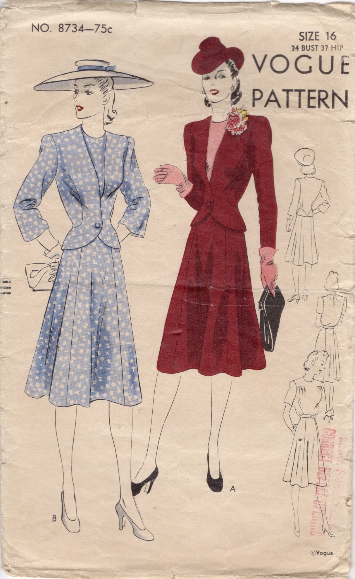 1940's Vogue One-Piece Dress Pattern with Gathered Bodice - Bust 34" - No. 8734