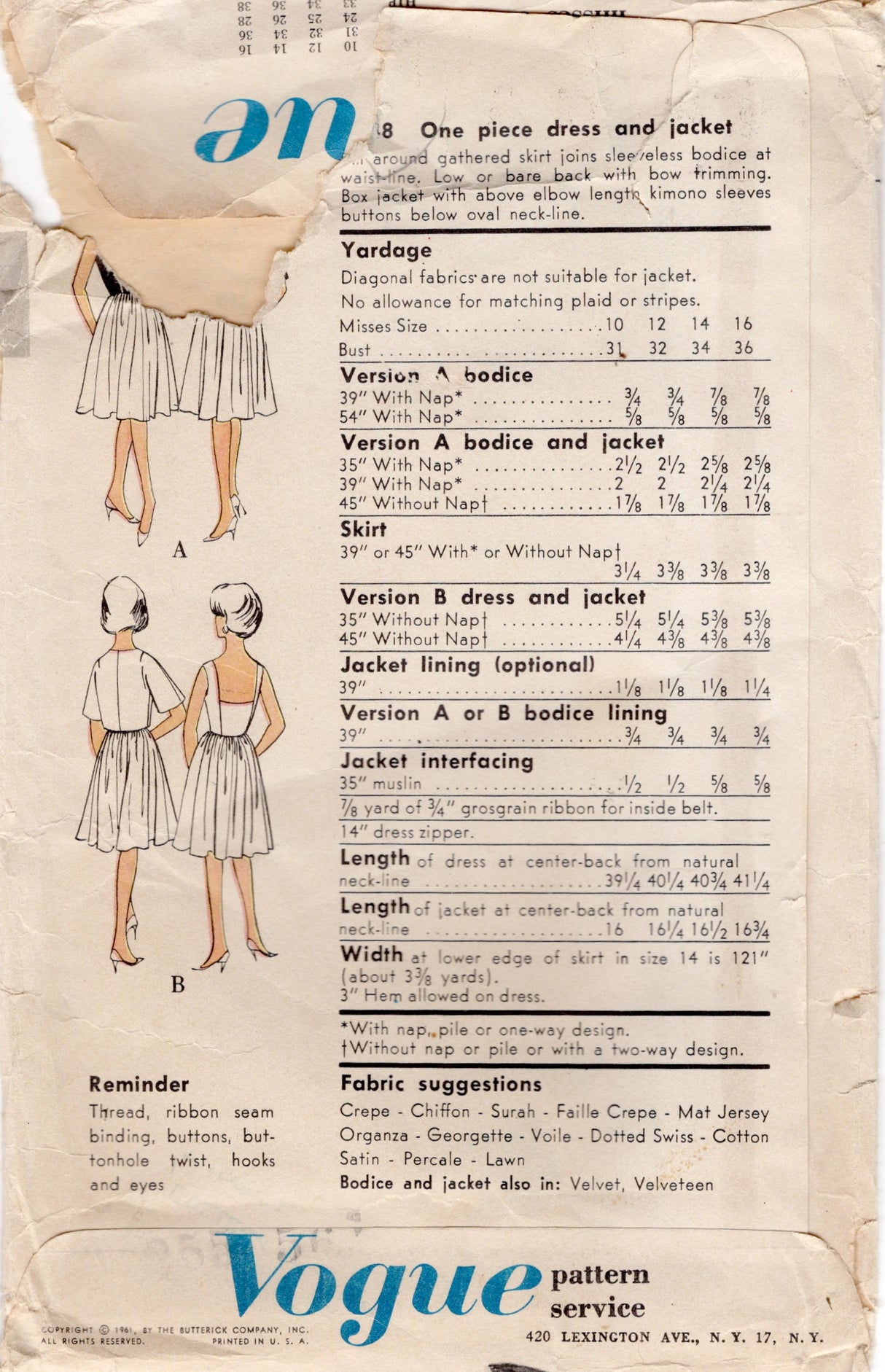 1960's Vogue Special Design One-Piece Dress with Cut Out Back and Bolero Jacket Pattern - Bust 36" - No. 4248