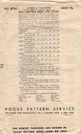 1940's Vogue One-Piece Dress Pattern with Gathered Bodice - Bust 34" - No. 8734