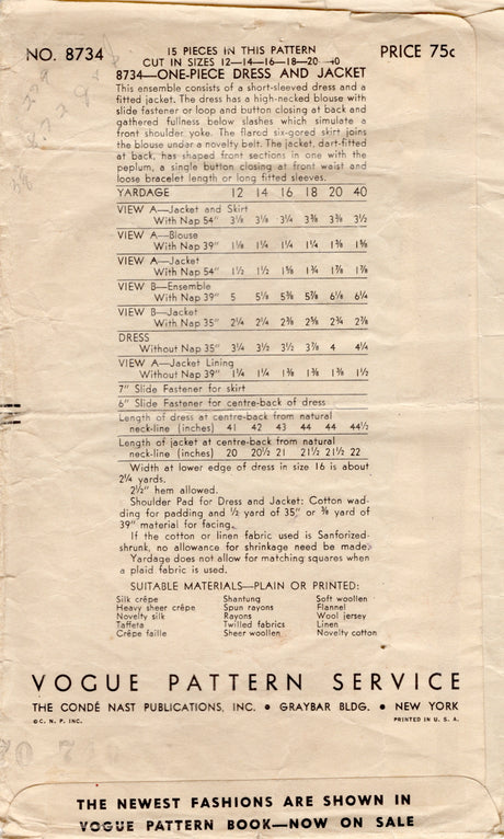 1940's Vogue One-Piece Dress Pattern with Gathered Bodice - Bust 34" - No. 8734