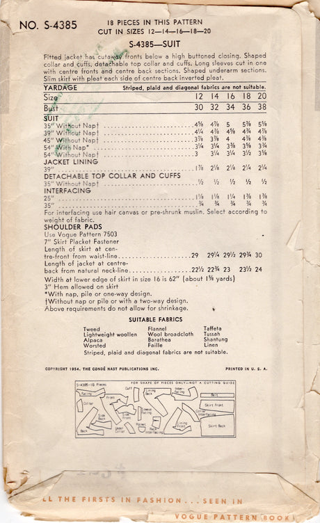 1950's Vogue Special Design Two Piece Suit Dress Pattern - Bust 32" - No. S-4385