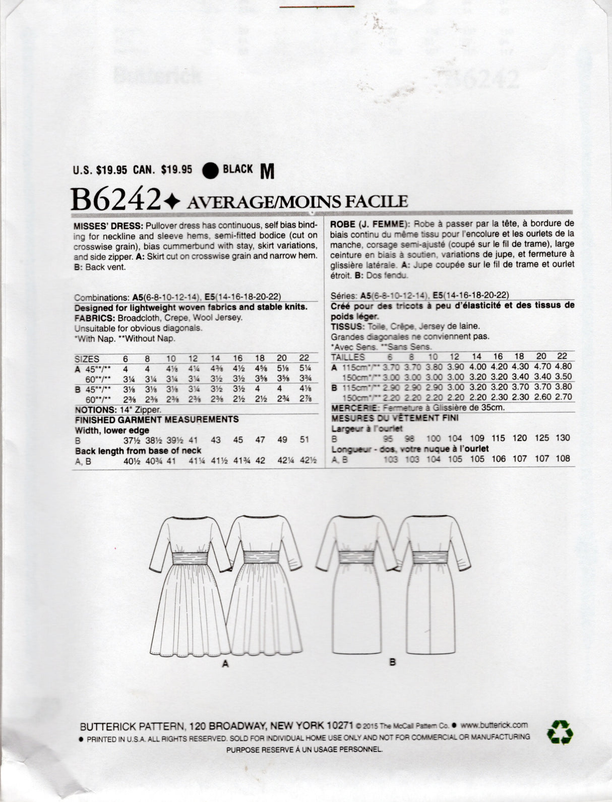 1960's Butterick REPRODUCTION Dolman Sleeve Sheath or Fit and Flare Dress Pattern - Bust 36-44" - No. B6242