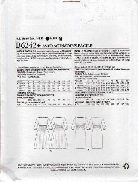 1960's Butterick REPRODUCTION Dolman Sleeve Sheath or Fit and Flare Dress Pattern - Bust 36-44" - No. B6242