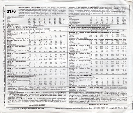 1980's McCall's Pullover Tunic Dress and Skirts Pattern - Bust 32.5-36" - No. 3176