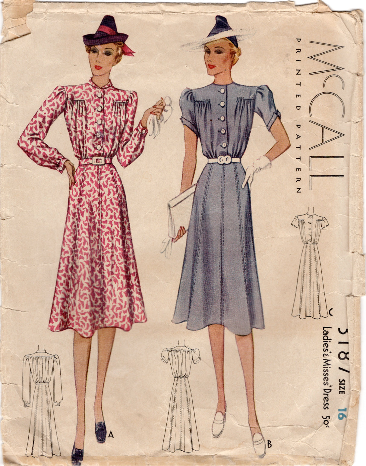 1930's McCall Shirtwaist Dress with Gathered Bodice and Two Sleeve Styles - Bust 34" - No. 3187