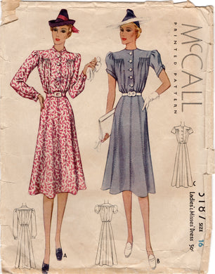 1930's McCall Shirtwaist Dress with Gathered Bodice and Two Sleeve Styles - Bust 34