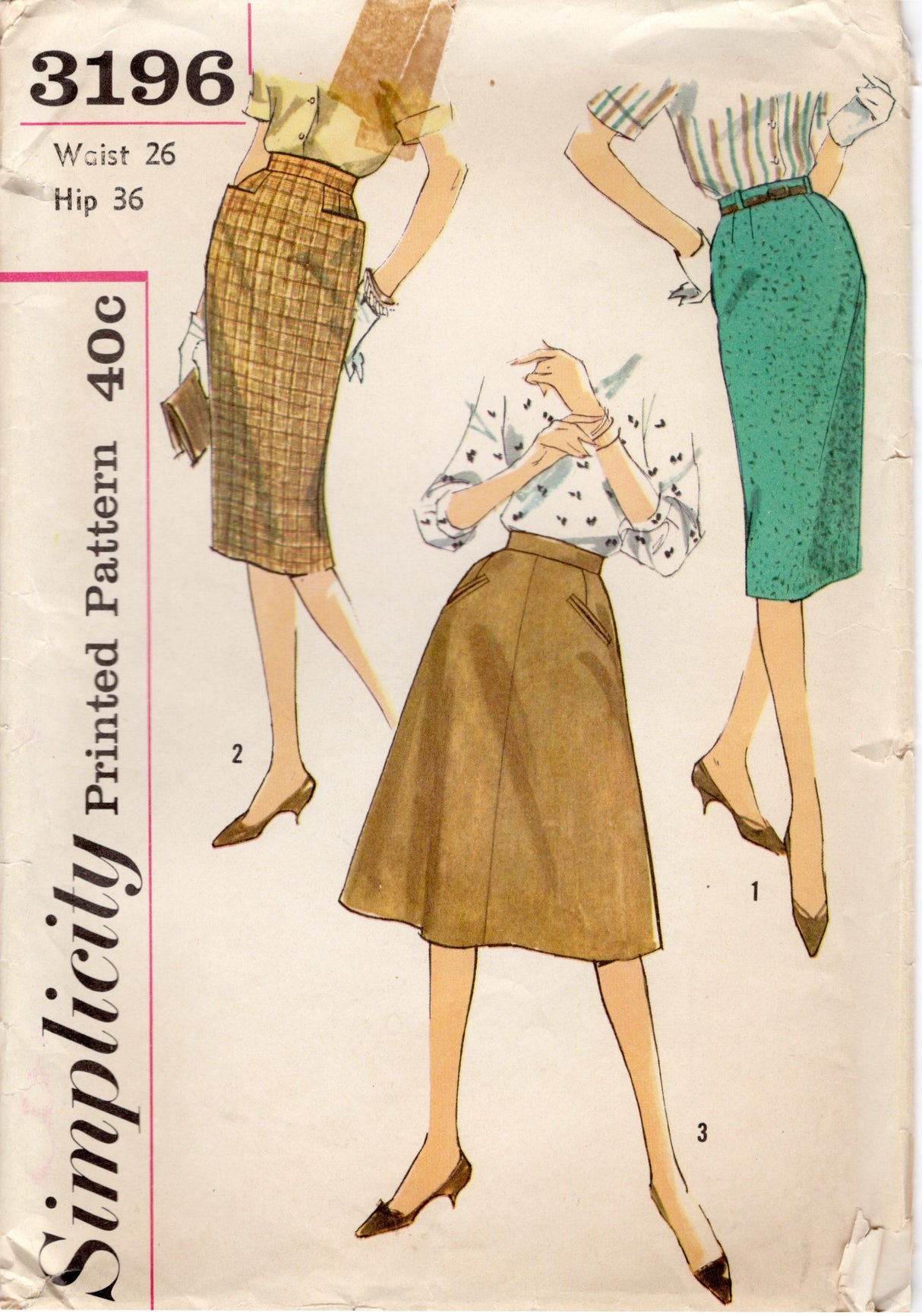 1950’s Simplicity Slim or Flared Skirt Pattern - Waist 26" - No. 3196