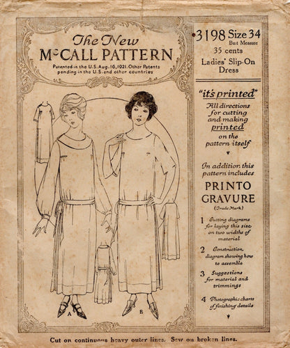 1920's McCall Drop Waist Dress Patterns with Short or Long Sleeves  - Bust 34