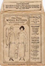 1920's McCall Drop Waist Dress Patterns with Short or Long Sleeves  - Bust 34" - No. 3198