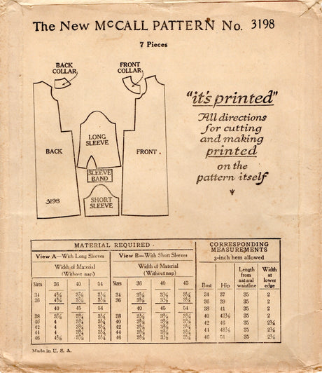 1920's McCall Drop Waist Dress Patterns with Short or Long Sleeves  - Bust 34" - No. 3198