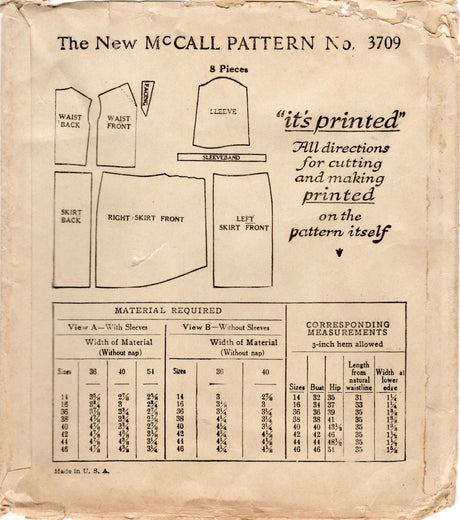 1920's McCall Drop Waist Dress Patterns with Wrap Skirt and Cap or Long Sleeves  - Bust 32" - No. 3709