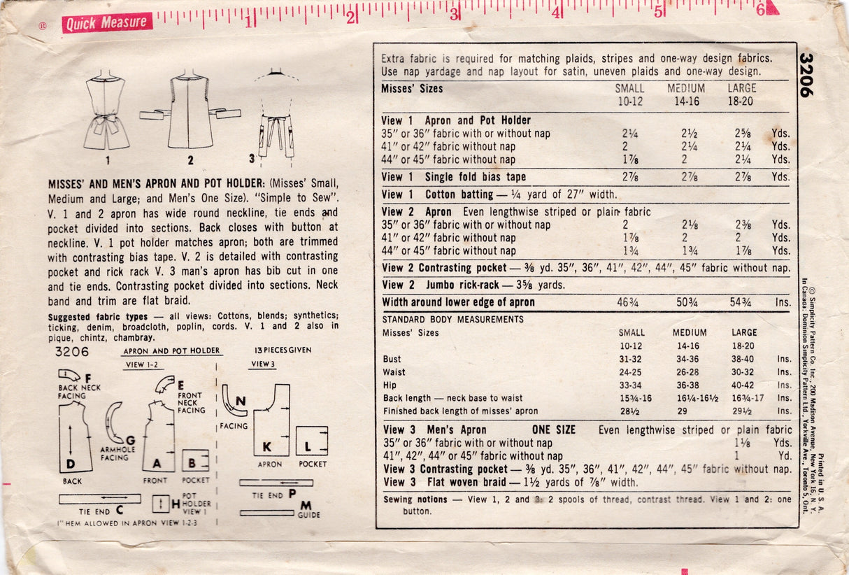 1950's Simplicity Full or Cobbler Aprons - Bust 31-36" - No. 3206