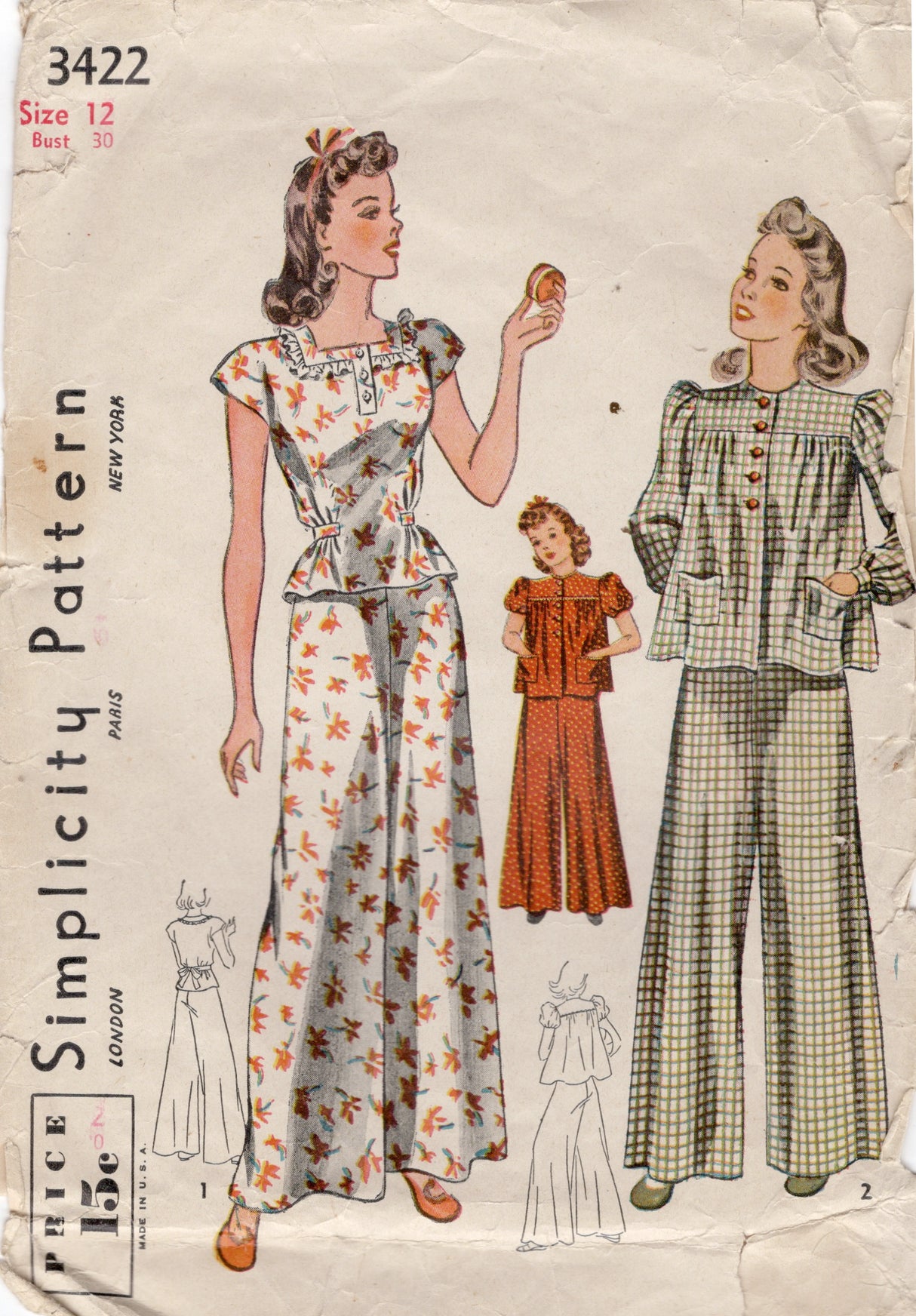 1940’s Simplicity Two Piece Pajamas Pattern - Bust 30" - No. 3422