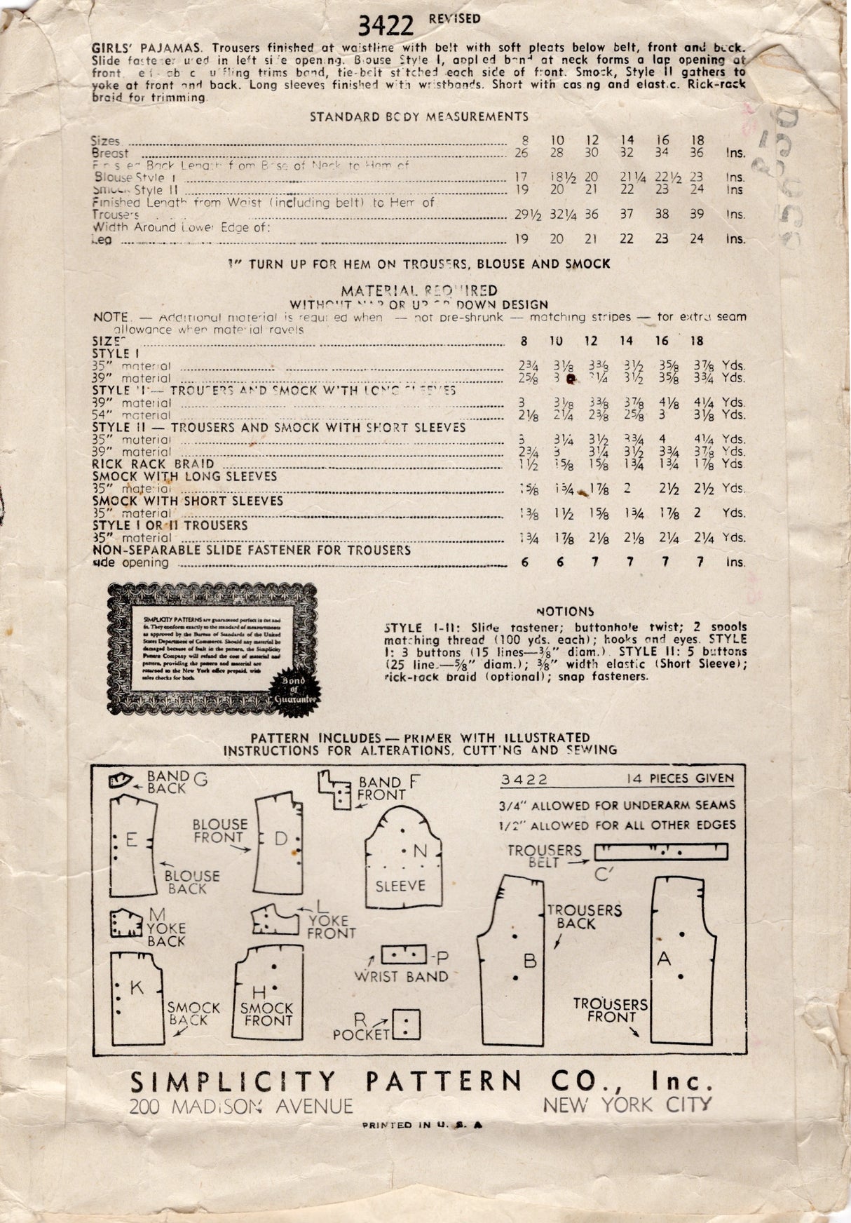 1940’s Simplicity Two Piece Pajamas Pattern - Bust 30" - No. 3422