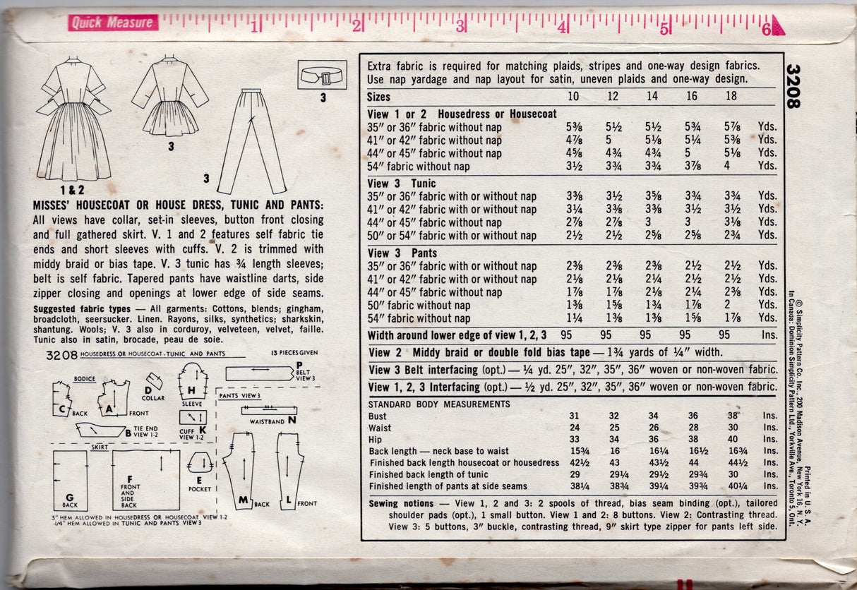 1950's Simplicity Button up Fit and Flare with Tie Waist and Cigarette pants Pattern - Bust 32" - No. 3208