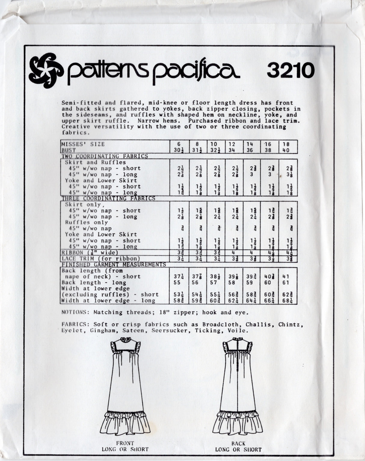 1980's Patterns Pacifica Maxi or Midi Dress with Large Yoke and Ruffle Pattern - Bust 30.5-40" - No. 3210