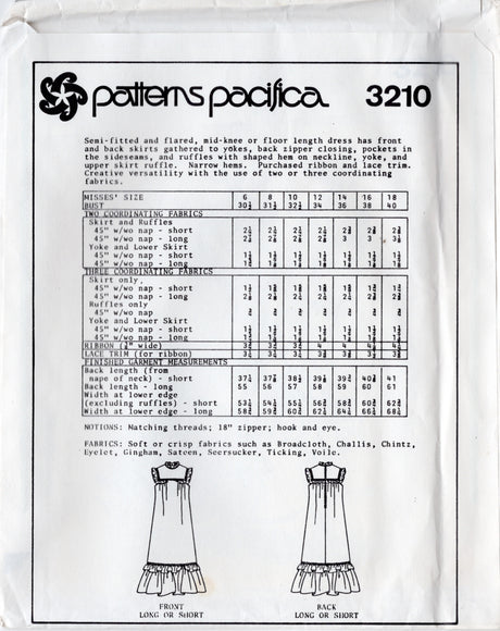 1980's Patterns Pacifica Maxi or Midi Dress with Large Yoke and Ruffle Pattern - Bust 30.5-40" - No. 3210