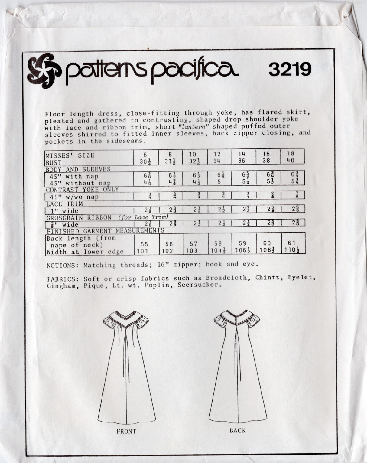 1980's Patterns Pacifica MuuMuu Dress with Lantern Sleeves Pattern - Bust 30.5-40" - No. 3219