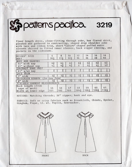 1980's Patterns Pacifica MuuMuu Dress with Lantern Sleeves Pattern - Bust 30.5-40" - No. 3219