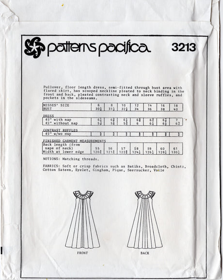 1980's Patterns Pacifica MuuMuu Dress with Pleated Collar Pattern - Bust 30.5-40" - No. 3213