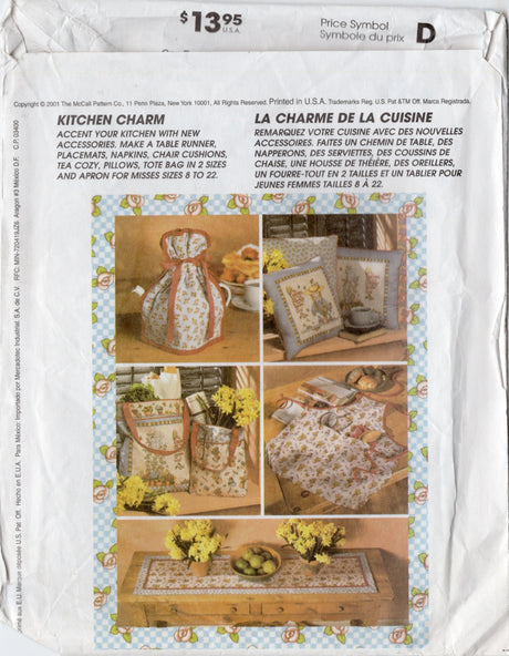 2000’s McCall’s Crafts Kitchen Decor Pattern, Apron, Placemats, Chair Cushions, Table Runner, Pillows - Mary Engelbreit - No. 3214