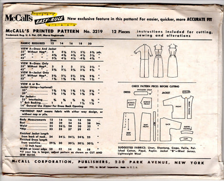 1950's McCall's Sheath Dress with Thin Straps Dress and Jacket Pattern - Bust 32" - No. 3219