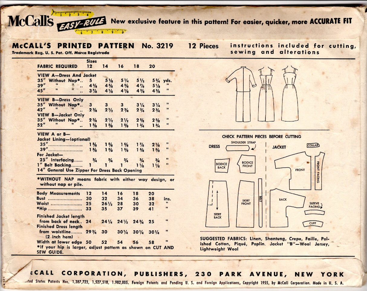 1950's McCall's Sheath Dress with Thin Straps Dress and Jacket Pattern - Bust 32" - No. 3219