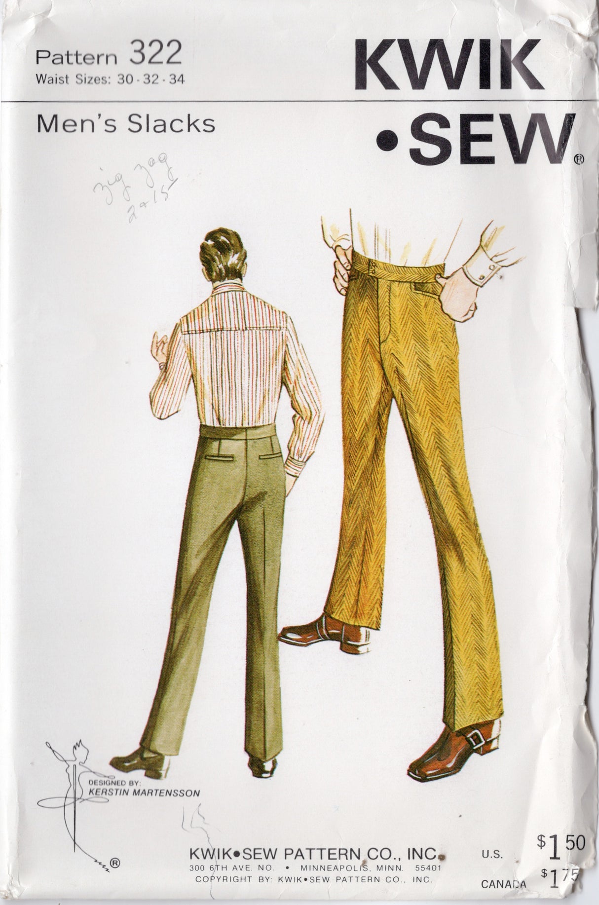 1970's Kwik Sew Men's Straight Leg Pants pattern - Waist 30-34" - No. 322