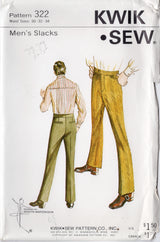 1970's Kwik Sew Men's Straight Leg Pants pattern - Waist 30-34" - No. 322