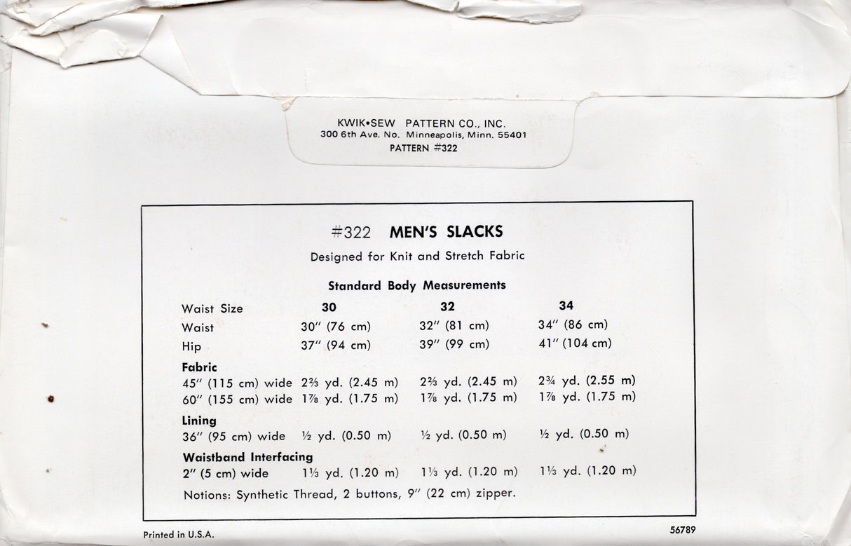 1970's Kwik Sew Men's Straight Leg Pants pattern - Waist 30-34" - No. 322