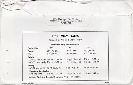 1970's Kwik Sew Men's Straight Leg Pants pattern - Waist 30-34" - No. 322