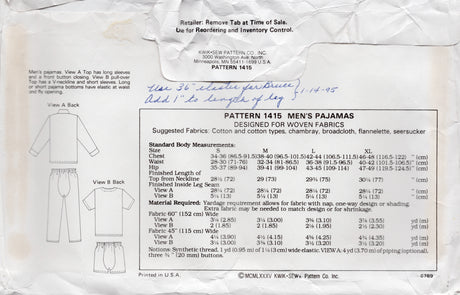 1980's Kwik Sew Men's Two Piece Pajamas pattern - Chest 34-48" - No. 1415