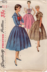 1950's Simplicity Sailor Collar Shirtwaist Dress with Full Skirt Pattern - Bust 32" - No. 4875