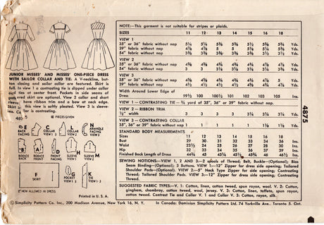 1950's Simplicity Sailor Collar Shirtwaist Dress with Full Skirt Pattern - Bust 32" - No. 4875