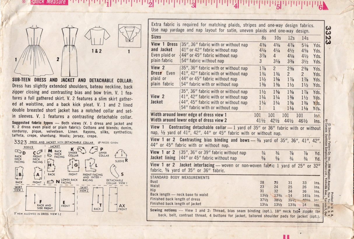1960's Simplicity Boat Neckline Sheath or Fit and Flare Dress Pattern and Bolero Jacket - Bust 28" - No. 3323