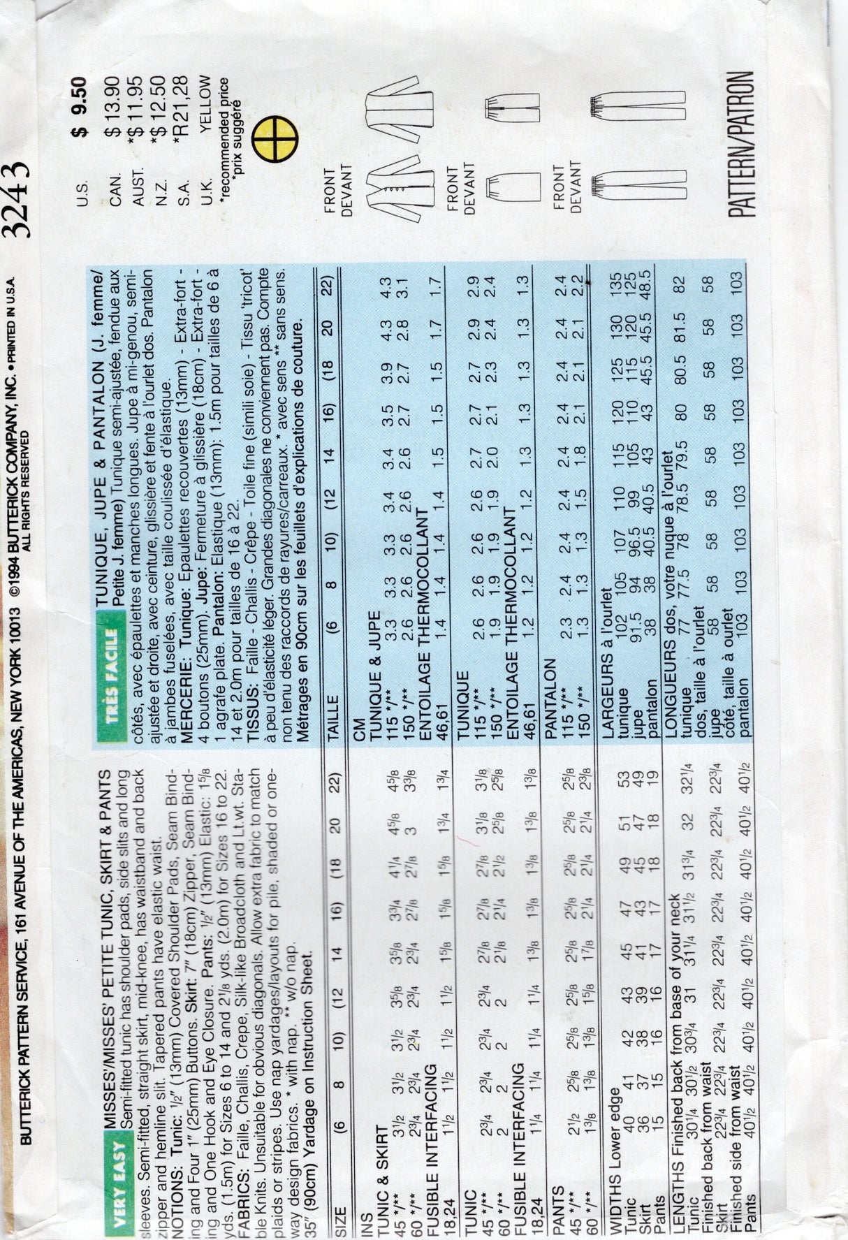 1990's Butterick Button up Tunic, Skirt and Pants Pattern - Bust 34-38" - No. 3243