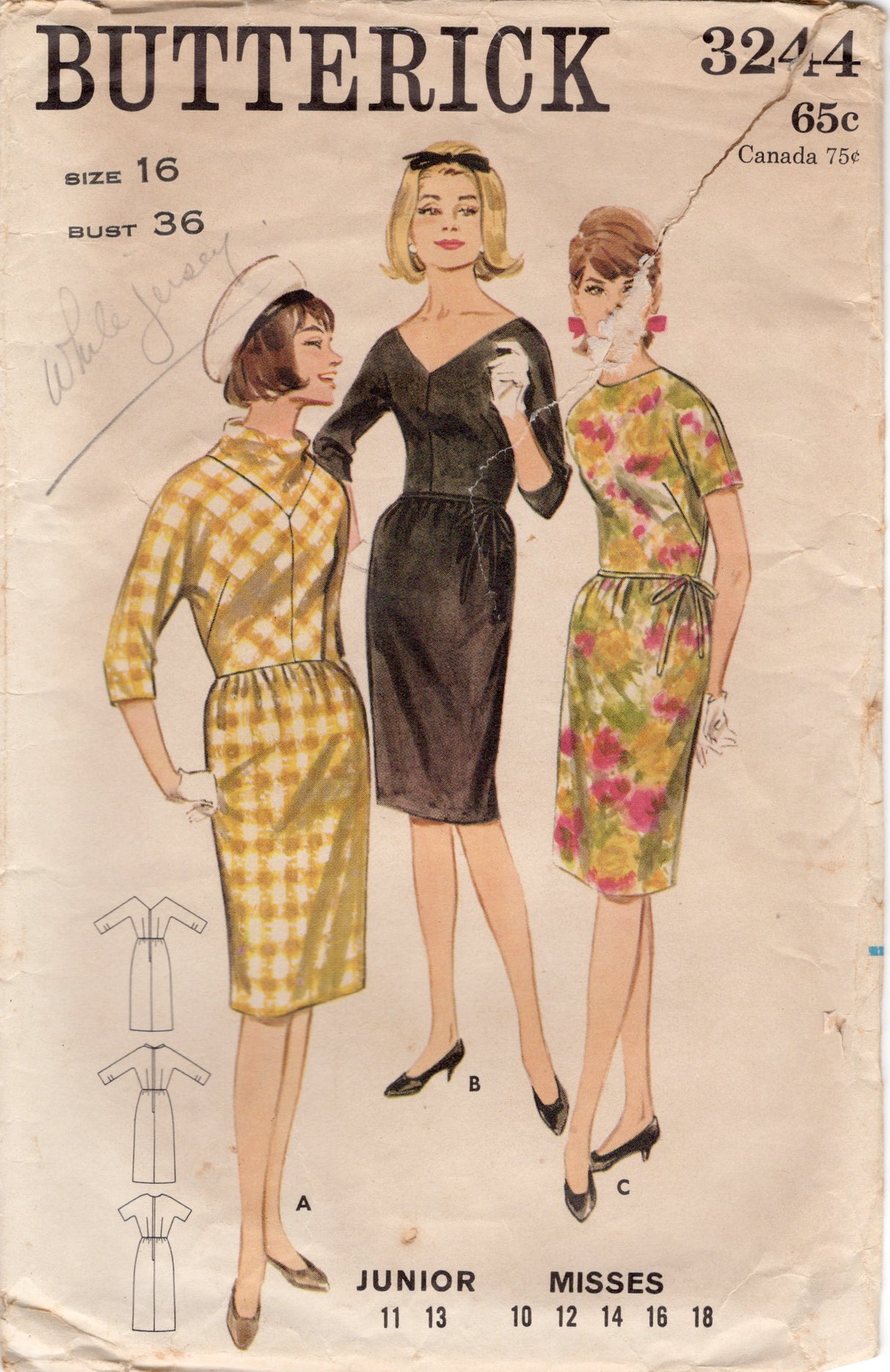 1960's Butterick One Piece Dress Pattern with Dolman Sleeves and optional Cowl Collar - Bust 36" - No. 3244