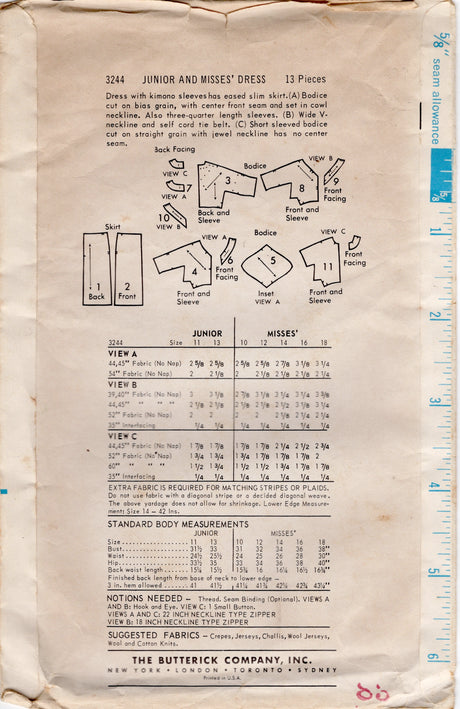 1960's Butterick One Piece Dress Pattern with Dolman Sleeves and optional Cowl Collar - Bust 36" - No. 3244