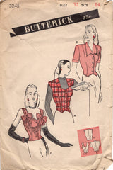 1940's Butterick Weskit or Vest with or without Collar and Button Up Blouse with Large Bow - Bust 32" - No. 3245