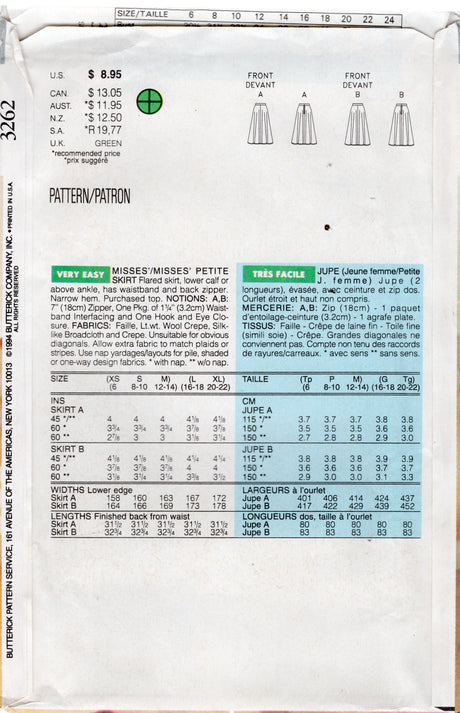 1990's Butterick Flared Skirt Pattern - Waist 30-37" - No. 3262