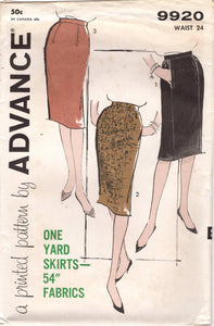 1960's Advance One Yard Pencil Skirt Pattern with Pockets - Waist 24" - No. 9920
