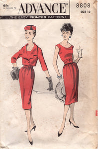 1950's Advance Sheath Dress with Belt and Bolero with Large Collar Pattern - Bust 32" - no. 8808